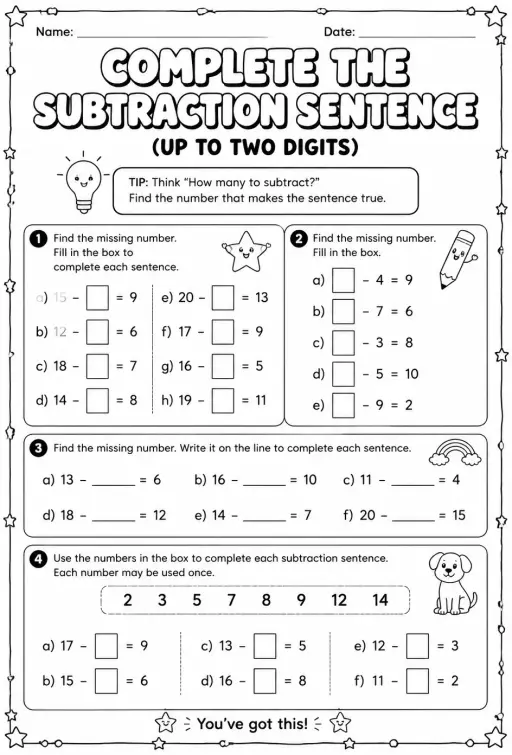 Complete the subtraction sentence - up to two digits