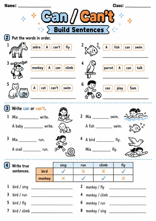 Can or Can't Build Ability Sentences | Grade 1 Grammar Worksheet