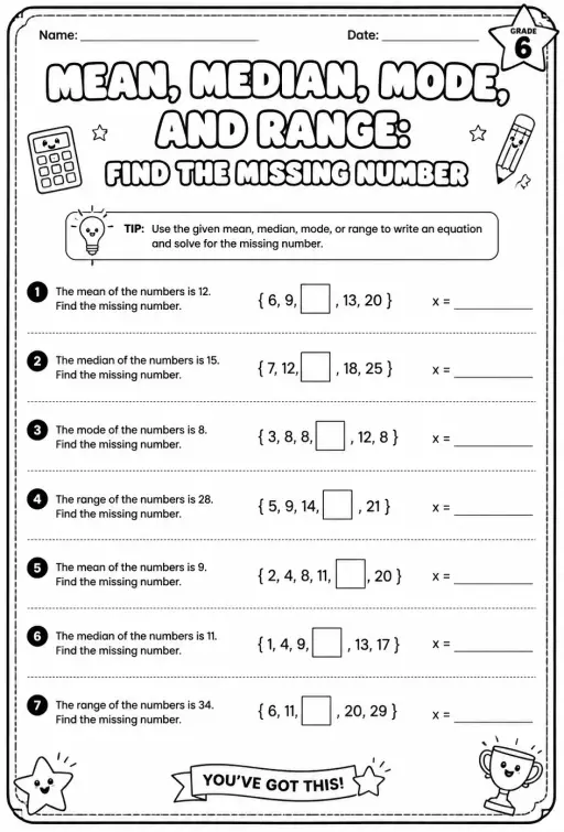 Mean, median, mode, and range: find the missing number