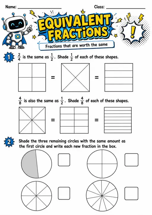 EQUIVALENT FRACTIONS - Grade 3 Math Worksheet