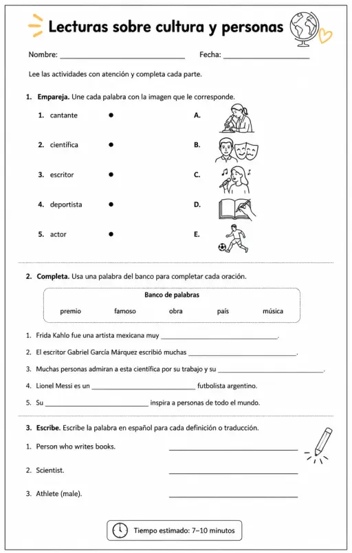 Reconocer palabras, frases o oraciones en español relacionadas con personas famosas.