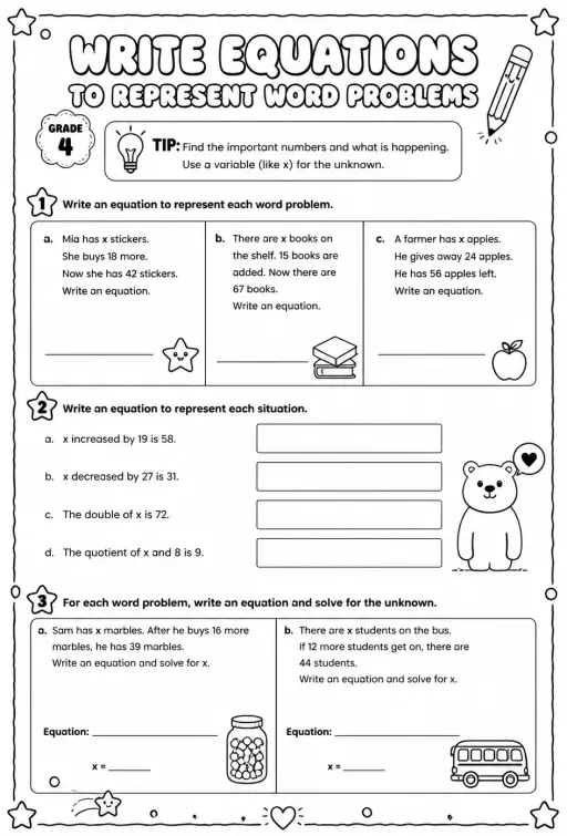 Write equations to represent word problems