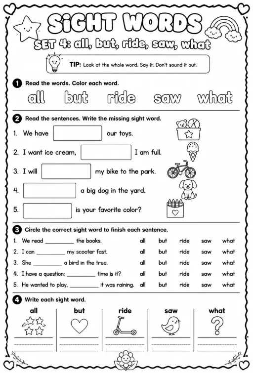 Read sight words set 4: all, but, ride, saw, what