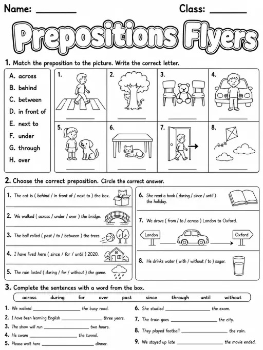 Prepositions Flyers Vocabulary Worksheet Pack