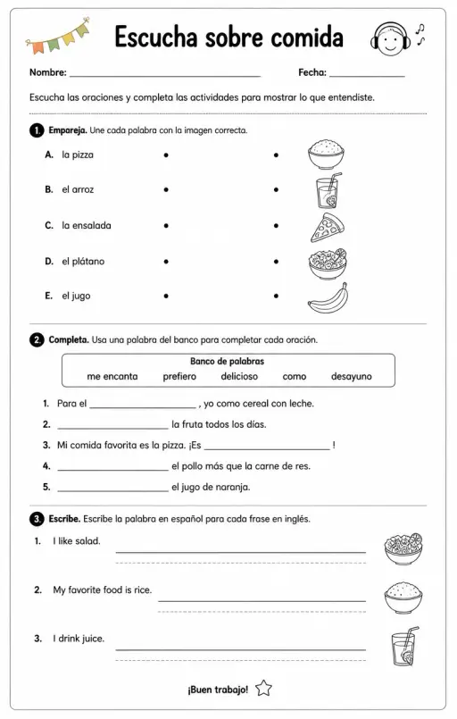 Reconocer palabras, frases o oraciones en español relacionadas con comidas favoritas.