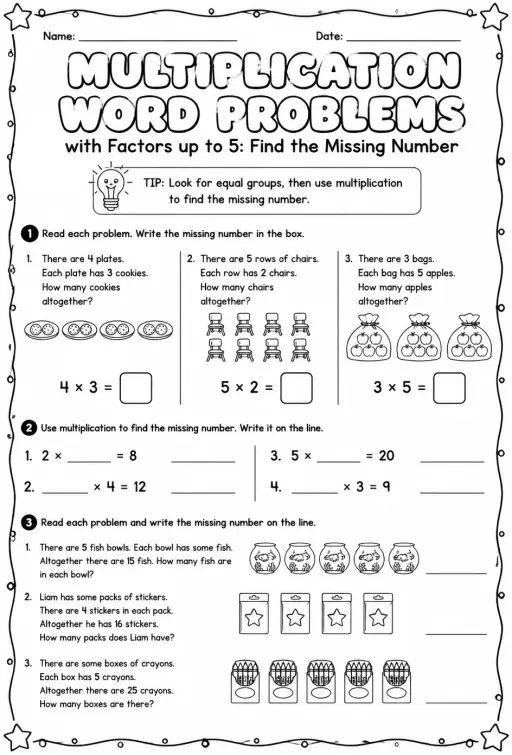 Multiplication word problems with factors up to 5: find the missing number