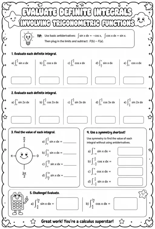 Evaluate definite integrals involving trigonometric functions