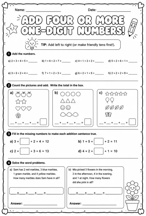 Add four or more one-digit numbers