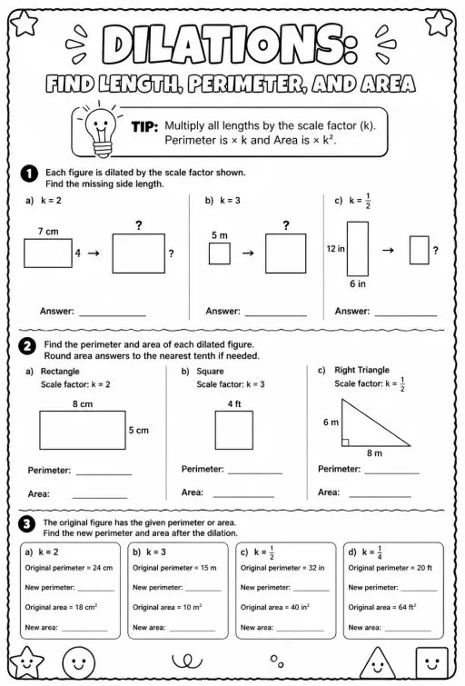 Dilations: find length, perimeter, and area