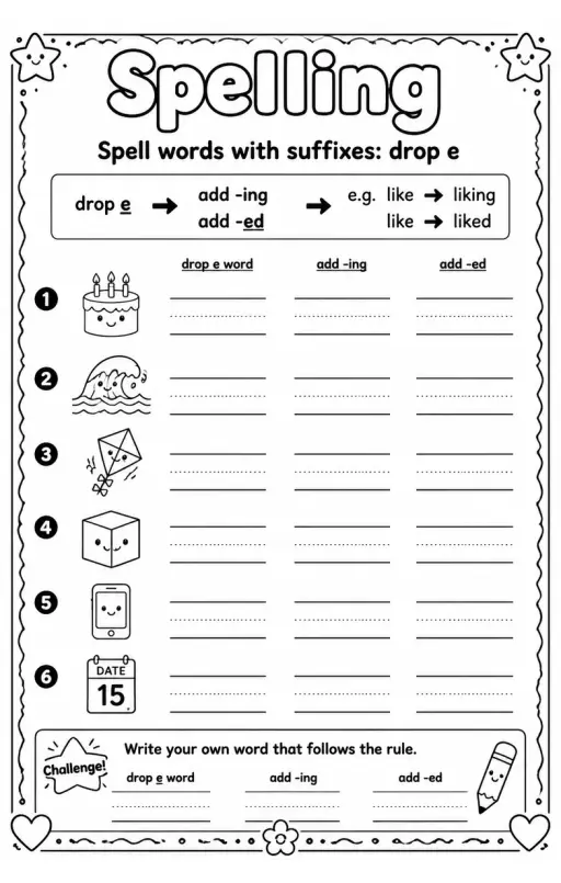 Spell words with suffixes: drop e