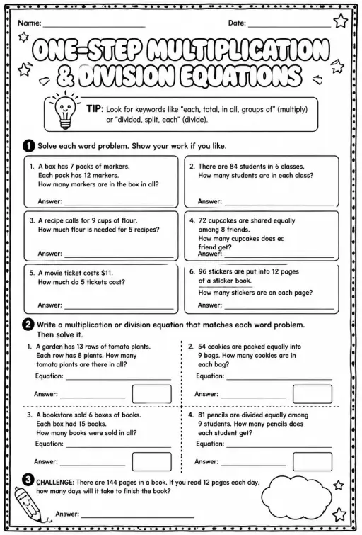Solve one-step multiplication and division equations: word problems