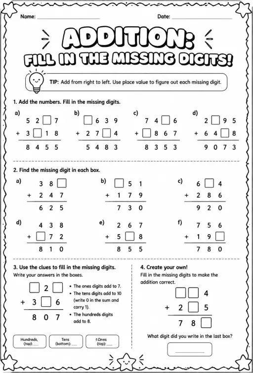 Addition: fill in the missing digits