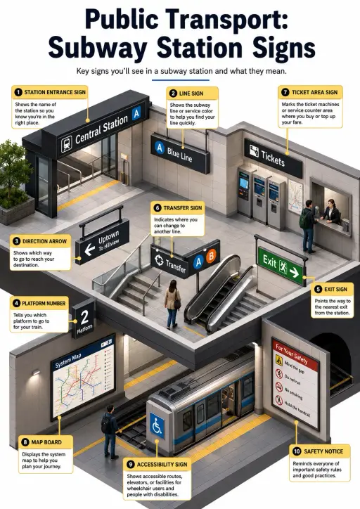 Public Transport: Subway Station Signs Infographic
