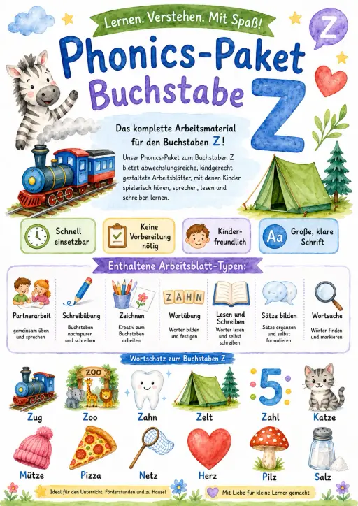 German Letter Z Phonics Worksheets Pack