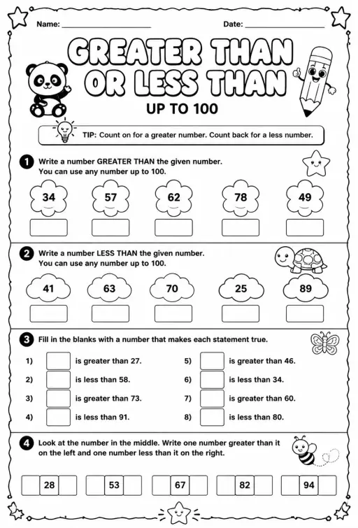 Write a number greater than or less than a given number - up to 100