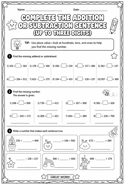 Complete the addition or subtraction sentence: up to three digits