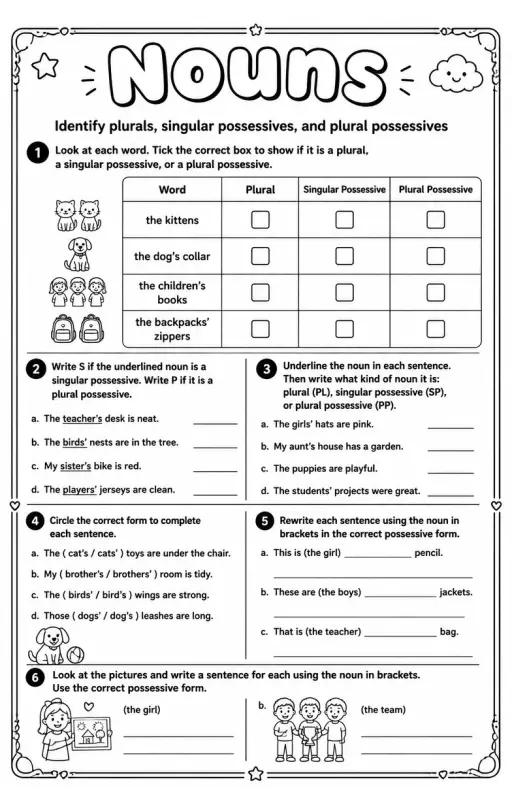 Identify plurals, singular possessives, and plural possessives