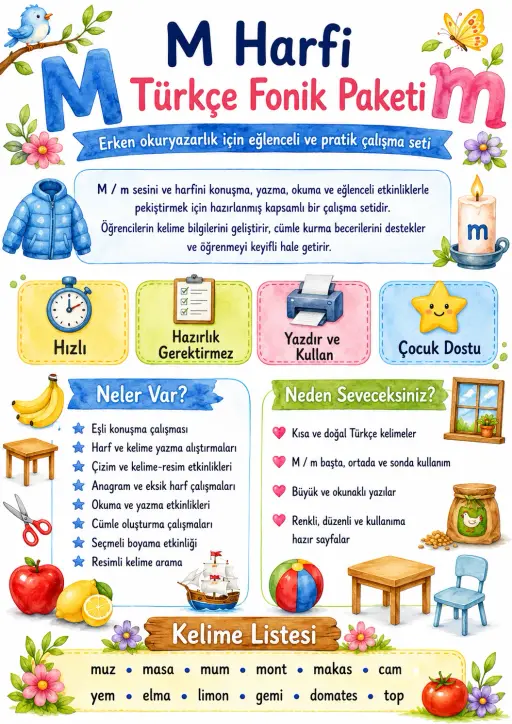 Turkish Letter M Phonics Worksheets Pack