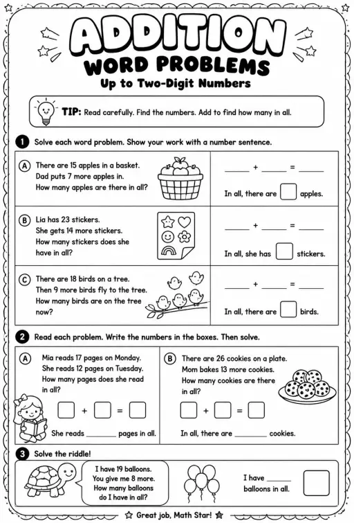 Addition word problems - up to two-digit numbers