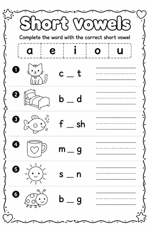Complete the word with the correct short vowel