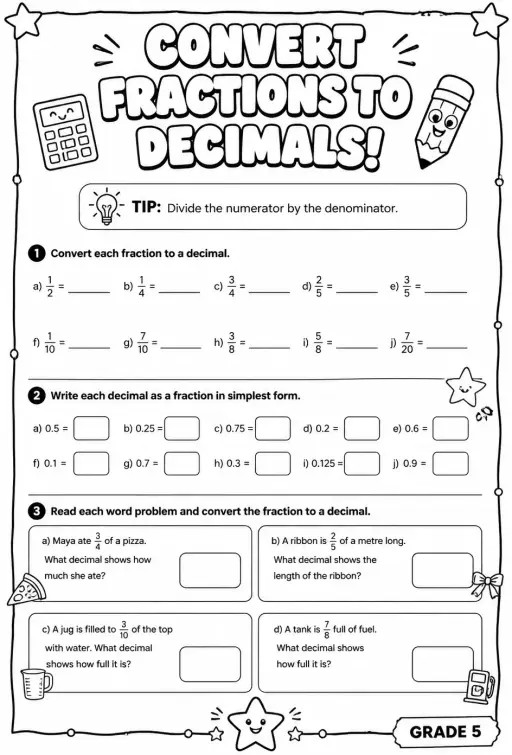 Convert fractions to decimals