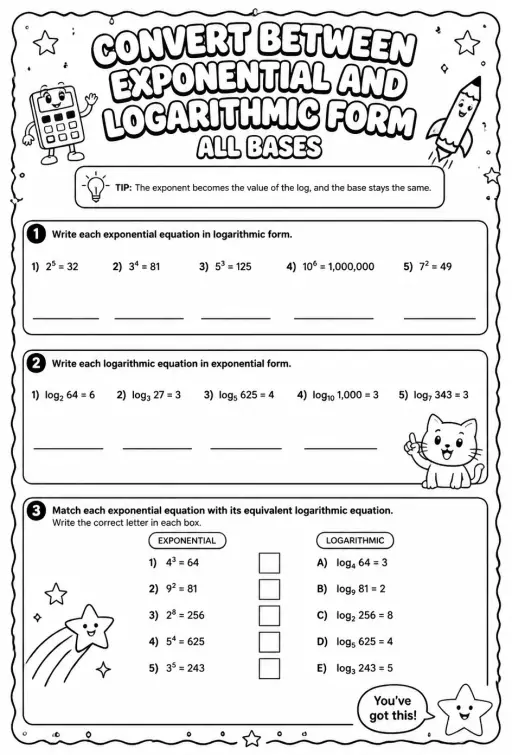 Convert between exponential and logarithmic form: all bases