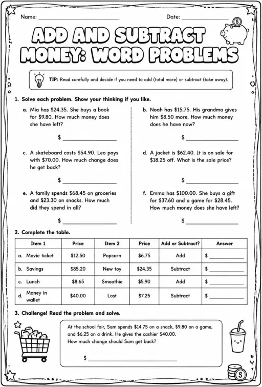 Add and subtract money: word problems