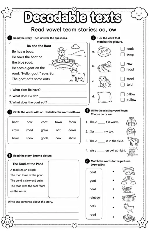 Read vowel team stories: oa, ow