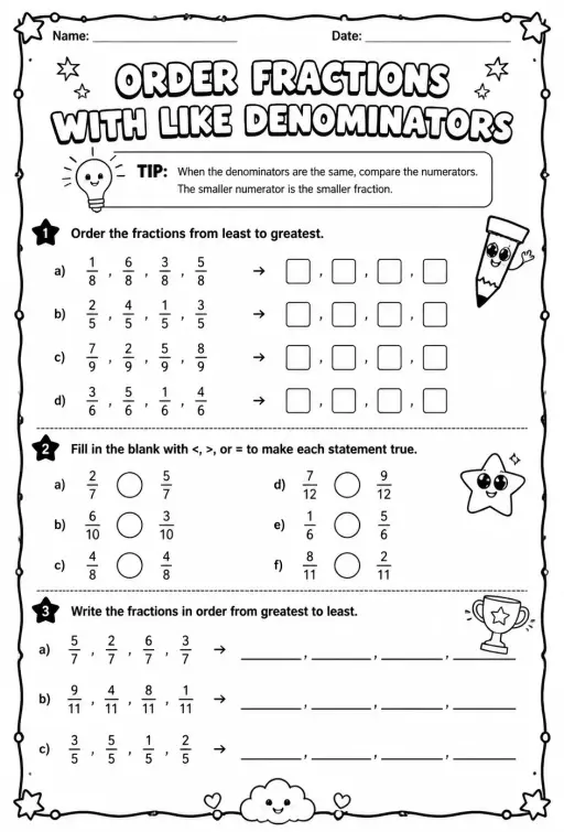 Order fractions with like denominators