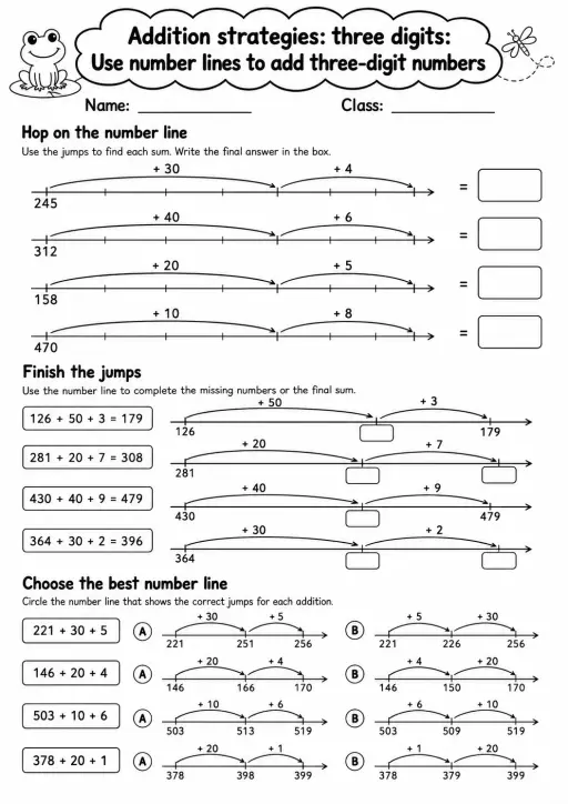 Grade 2 Addition Strategies: Three Digits Math Worksheet Pack