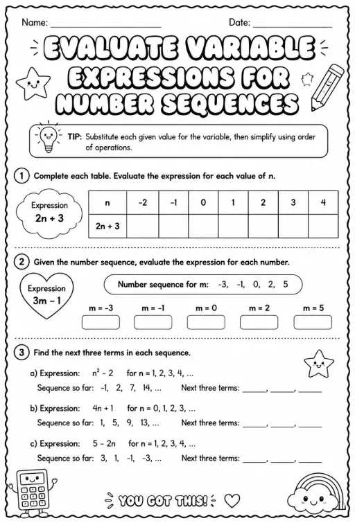 Evaluate variable expressions for number sequences