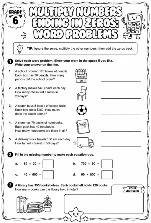 Multiply numbers ending in zeros: word problems