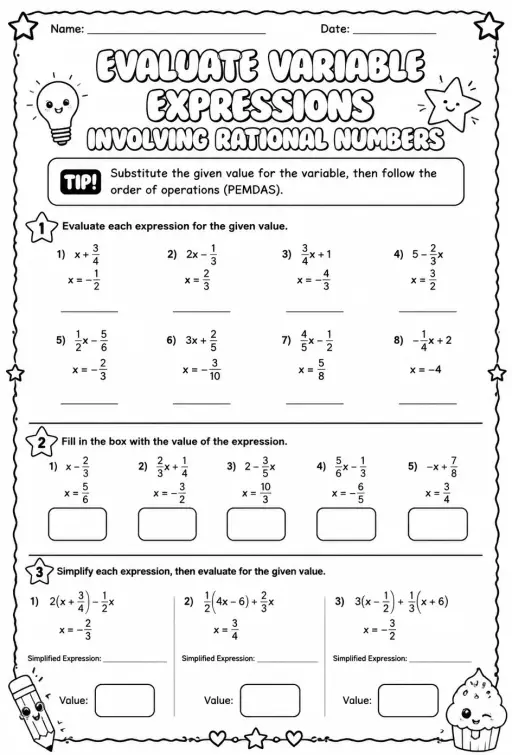 Evaluate variable expressions involving rational numbers
