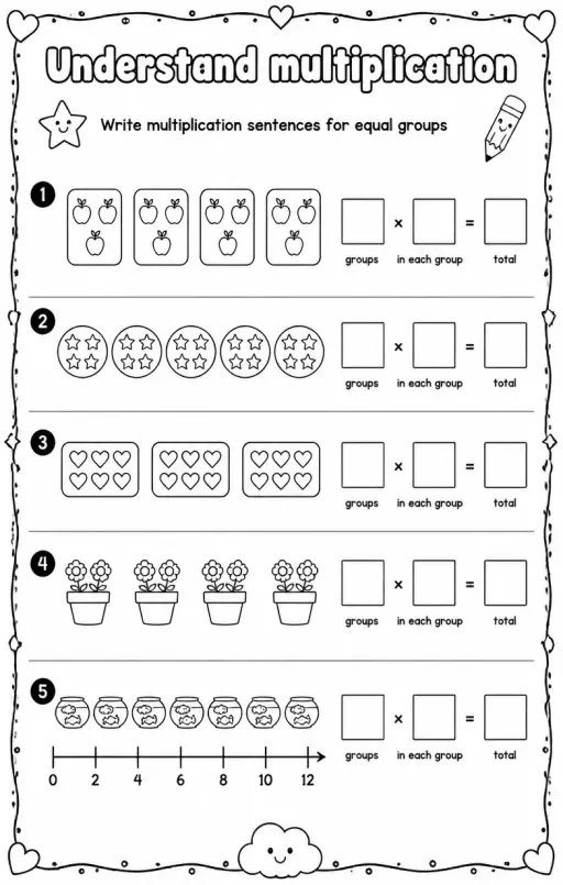 Write multiplication sentences for equal groups
