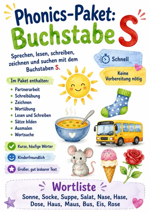 German Letter S Phonics Worksheets Pack