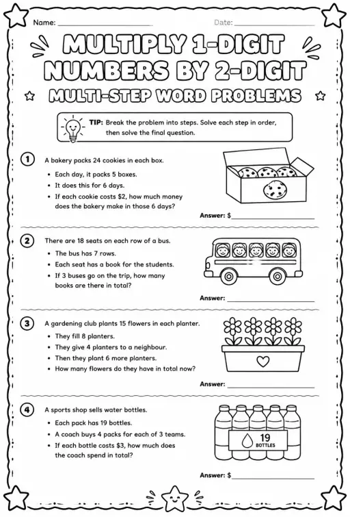 Multiply 1-digit numbers by 2-digit numbers: multi-step word problems
