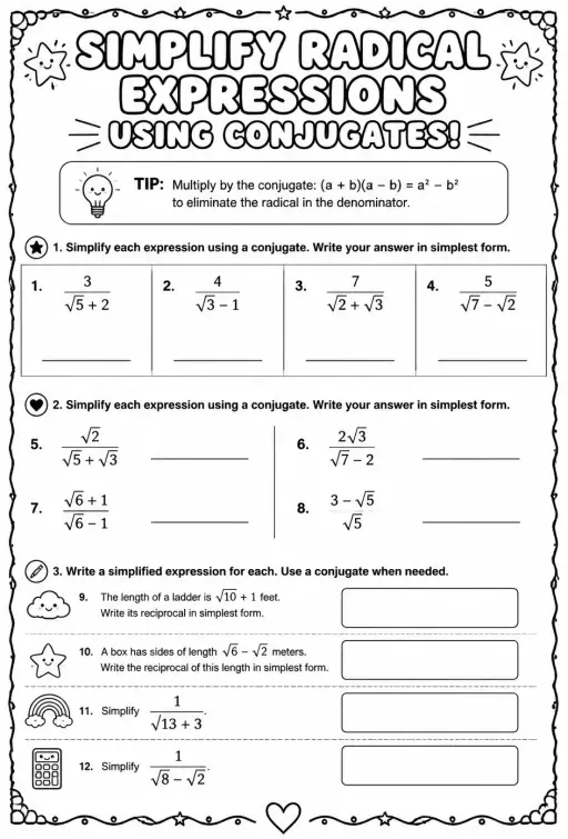 Simplify radical expressions using conjugates