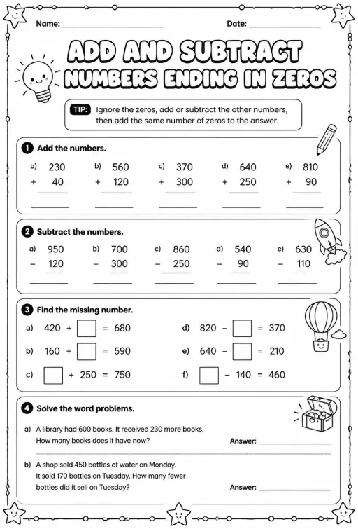 Add and subtract numbers ending in zeros