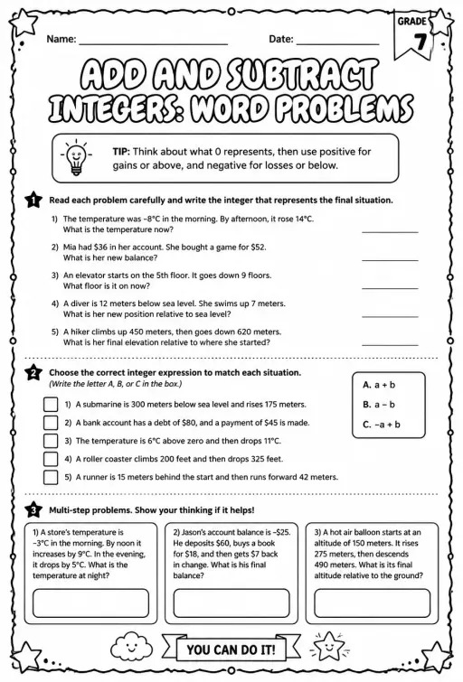Add and subtract integers: word problems