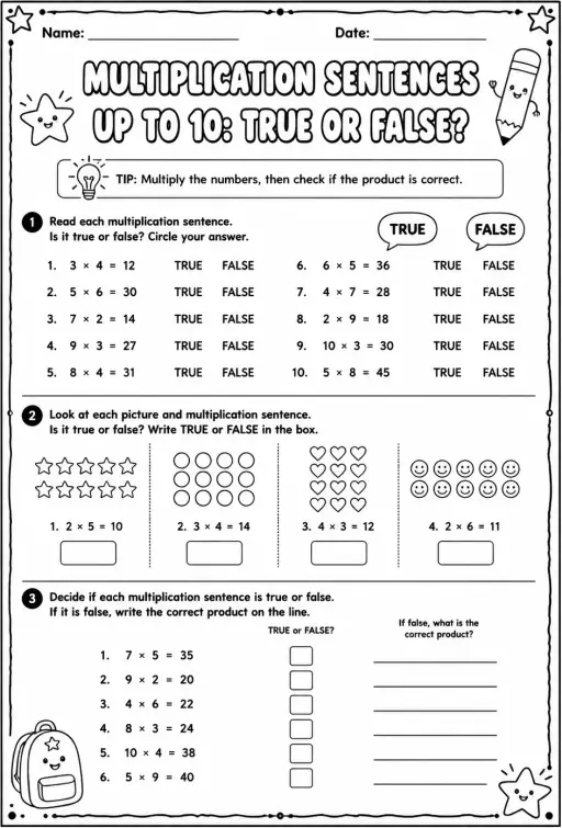 Multiplication sentences up to 10: true or false?
