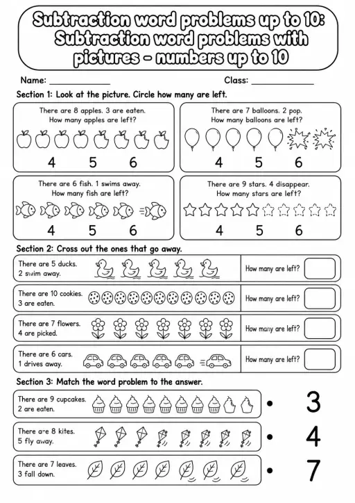 Kindergarten Subtraction Word Problems up to 10 Math Worksheet Pack