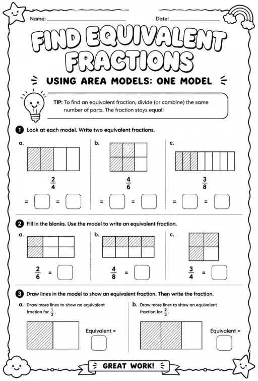 Find equivalent fractions using area models: one model