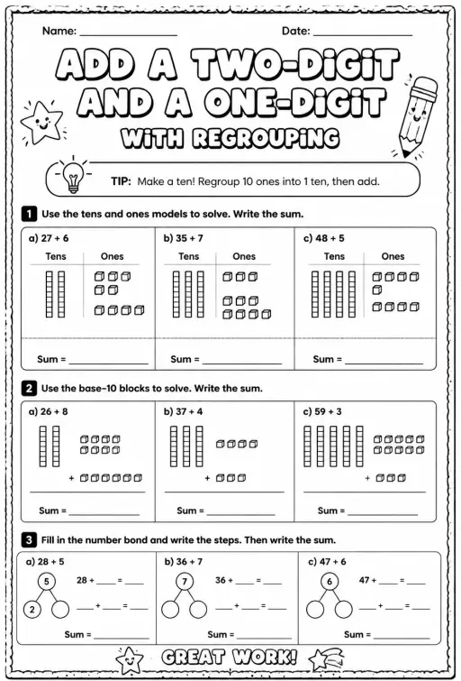 Use models to add a two-digit and a one-digit number - with regrouping