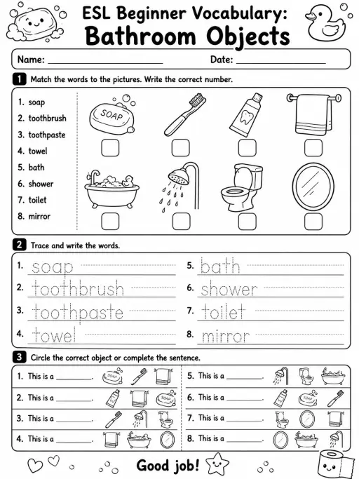 ESL Beginner Vocabulary: Bathroom Objects