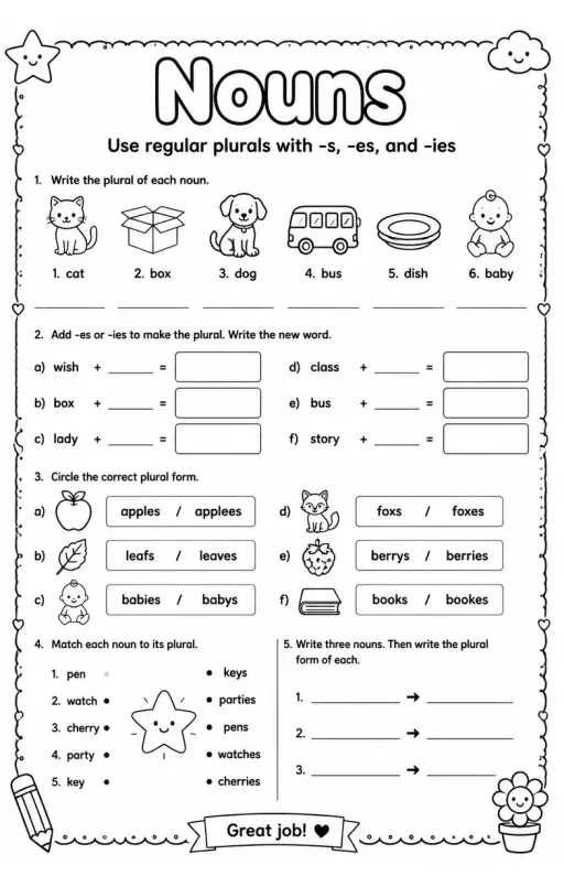 Use regular plurals with -s, -es, and -ies
