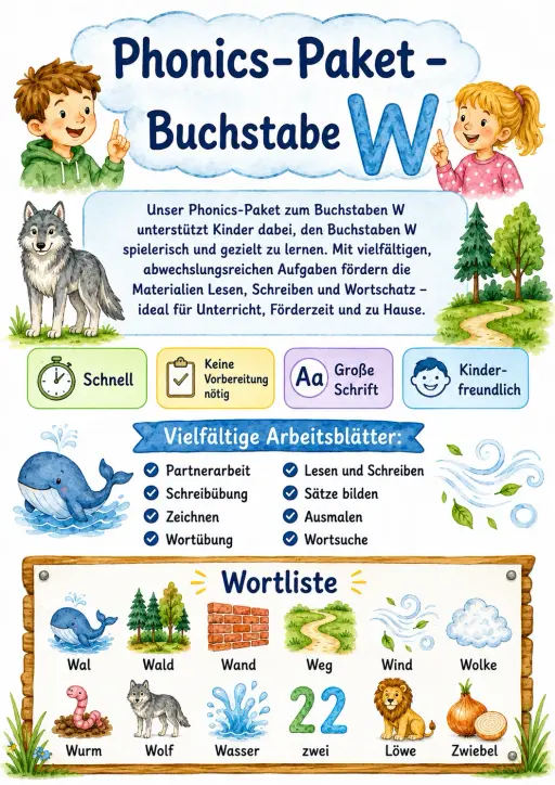 German Letter W Phonics Worksheets Pack