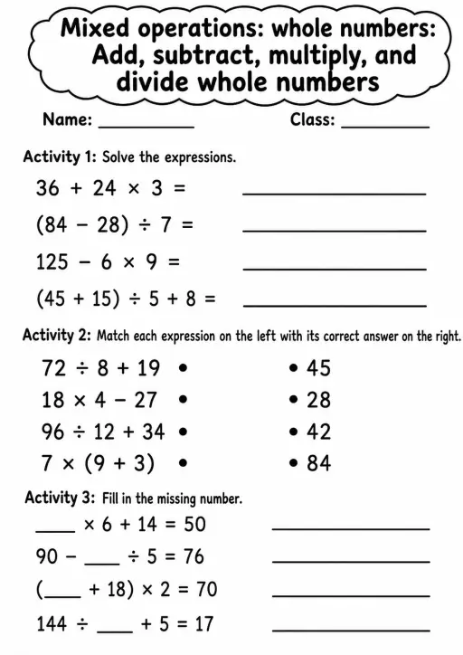 Grade 5 Mixed Operations: Whole Numbers Math Worksheet Pack