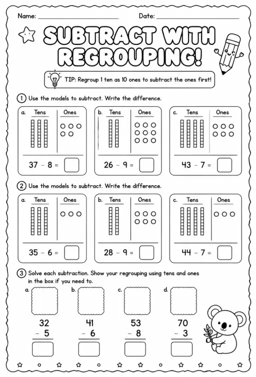 Use models to subtract a one-digit number from a two-digit number - with regrouping