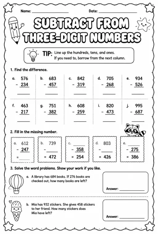 Subtract from three-digit numbers