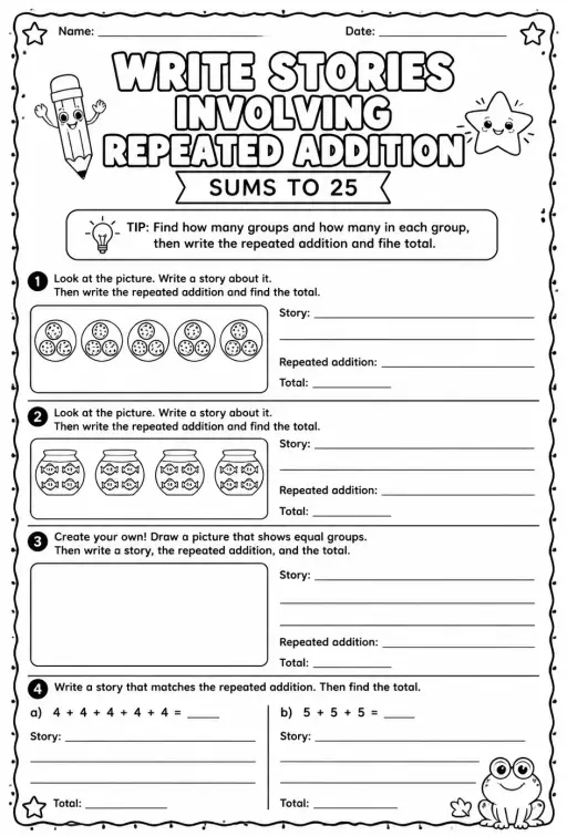 Write stories involving repeated addition - sums to 25